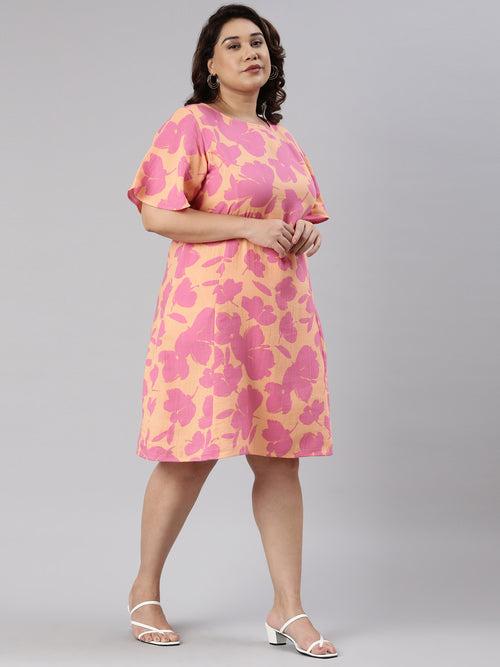 Orange Floral Print A-Line Dress