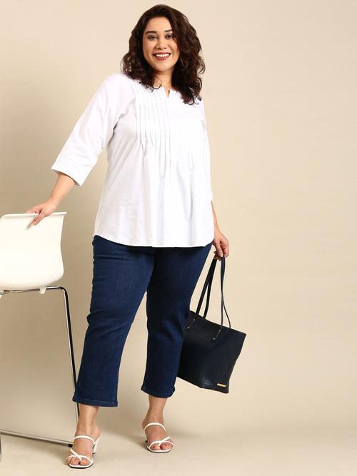 White Solid Pin Tuck Top