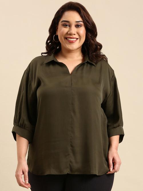 Green Solid Satin Crepe Top