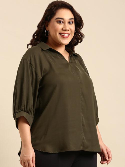 Green Solid Satin Crepe Top