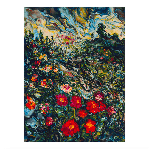 Maria Calandra, Time of the Zinnia, 2023; Hand-Embellished, Signed and Numbered Limited Edition Print