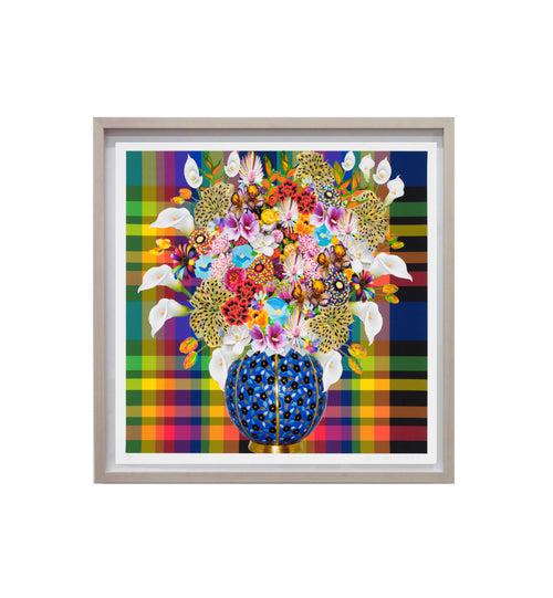 Caroline Larsen, Flowers with Plaid Version 1, 2022; Hand-Embellished, Signed, and Numbered Limited Edition Print