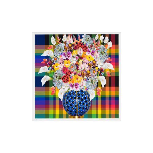 Caroline Larsen, Flowers with Plaid Version 4, 2022; Hand-Embellished, Signed, and Numbered Limited Edition Print