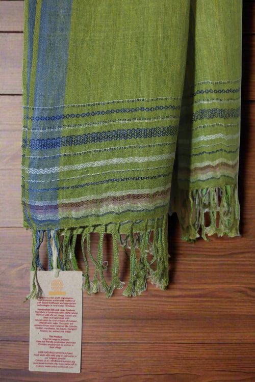 Linen Silk Stole | Olive Green with Indigo Border