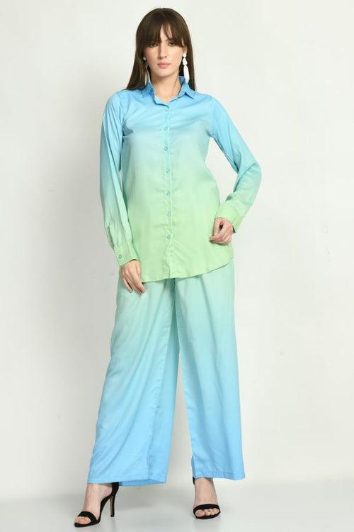 The Alia Set- Shaded Satin Co-ord Set (Green & Blue)