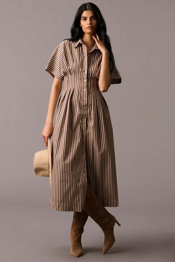 Front-Button Pleated Shirt Dress