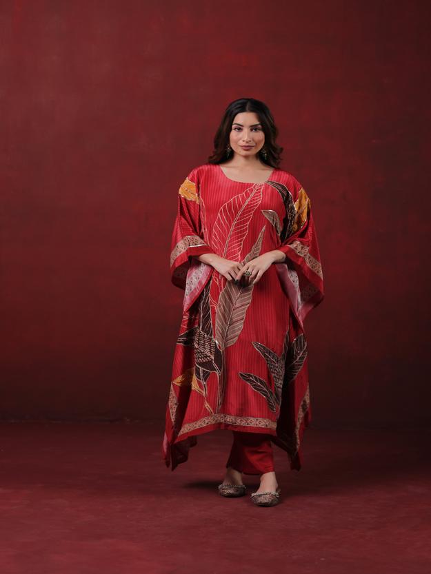 Red Printed Kaftan Set with Leaf Motifs