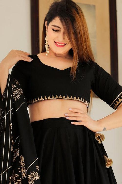 Black Hand Block Printed Lehenga Choli Set