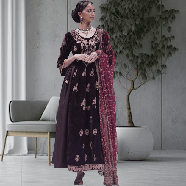 Burgundy Velvet Kashmiri Embroidery Anarkali Style Gown