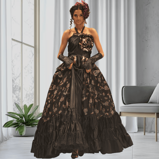 Black Organza Floral Golden Sequin Ball Gown