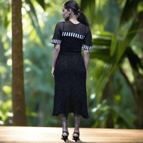 Sweater Knit Lurex Dress With Tassel Belt