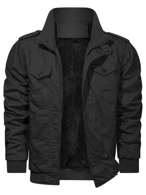 Black Flap Pocket Funnel Neck Teddy Lined Zipper Jacket