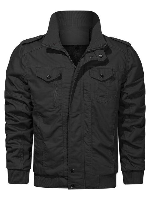 Black Flap Pocket Funnel Neck Teddy Lined Zipper Jacket