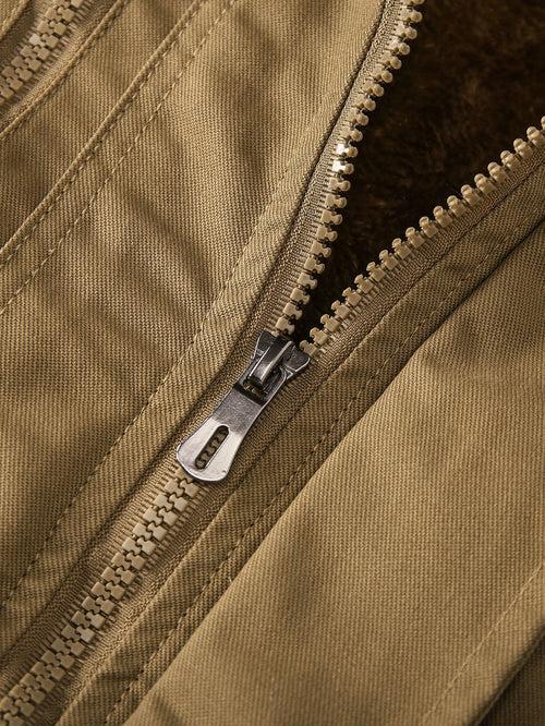 Black Flap Pocket Funnel Neck Teddy Lined Zipper Jacket