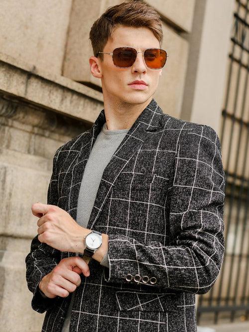 Black Single Breasted Grid Print Blazer