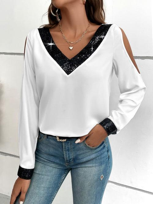 Spaghetti Strap Contrast Sequin Cold Shoulder Blouse Top For Women