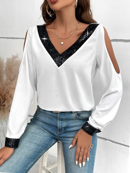 Spaghetti Strap Contrast Sequin Cold Shoulder Blouse Top For Women