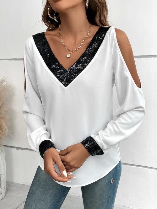 Spaghetti Strap Contrast Sequin Cold Shoulder Blouse Top For Women