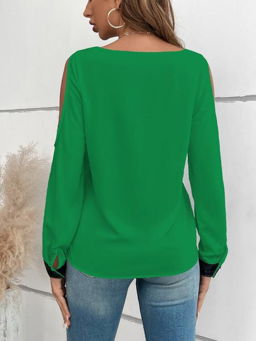 Spaghetti Strap Contrast Sequin Cold Shoulder Blouse Top For Women