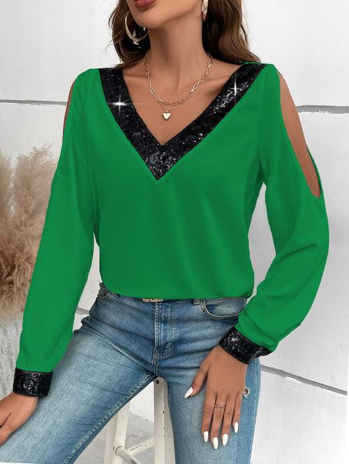 Spaghetti Strap Contrast Sequin Cold Shoulder Blouse Top For Women