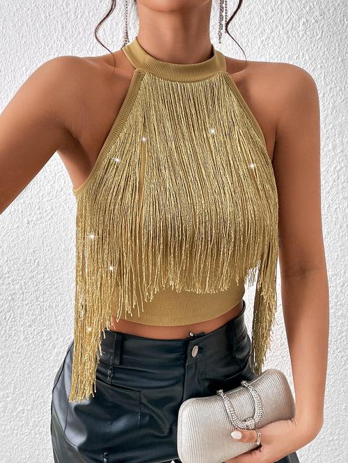 Fringe Trim Crop Halter Slim Fit Top