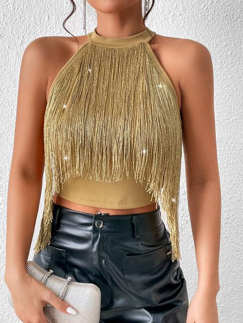 Fringe Trim Crop Halter Slim Fit Top