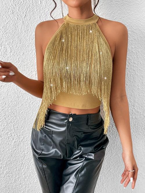 Fringe Trim Crop Halter Slim Fit Top