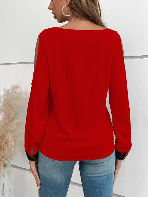 Spaghetti Strap Contrast Sequin Cold Shoulder Blouse Top For Women