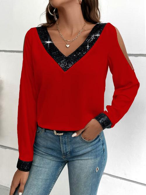 Spaghetti Strap Contrast Sequin Cold Shoulder Blouse Top For Women