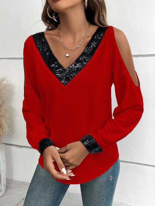 Spaghetti Strap Contrast Sequin Cold Shoulder Blouse Top For Women