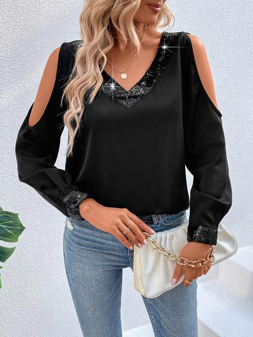 Spaghetti Strap Contrast Sequin Cold Shoulder Blouse Top For Women