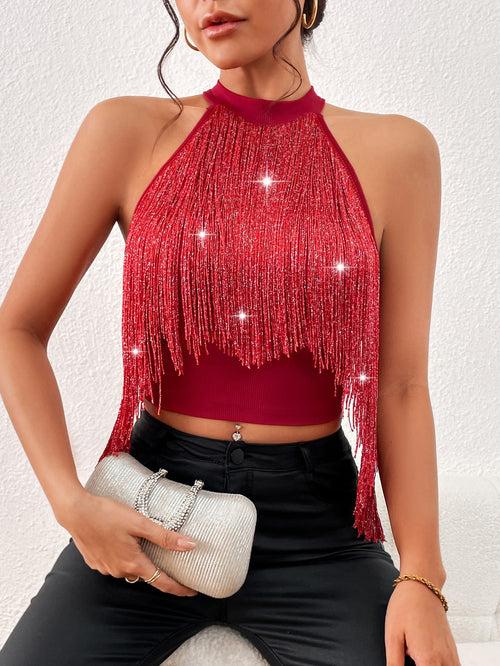 Fringe Trim Crop Halter Slim Fit Top