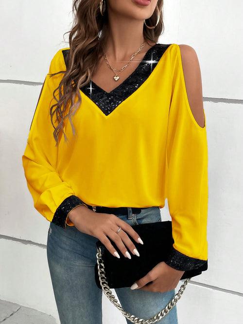 Spaghetti Strap Contrast Sequin Cold Shoulder Blouse Top For Women