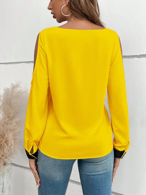 Spaghetti Strap Contrast Sequin Cold Shoulder Blouse Top For Women