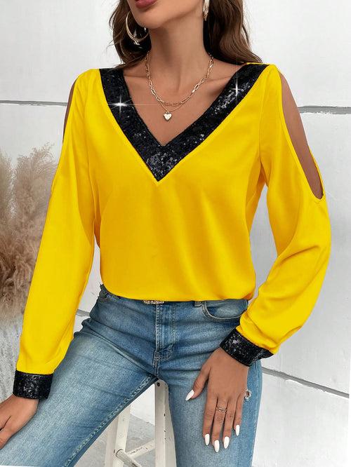 Spaghetti Strap Contrast Sequin Cold Shoulder Blouse Top For Women