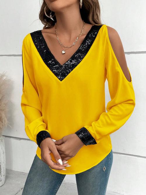 Spaghetti Strap Contrast Sequin Cold Shoulder Blouse Top For Women