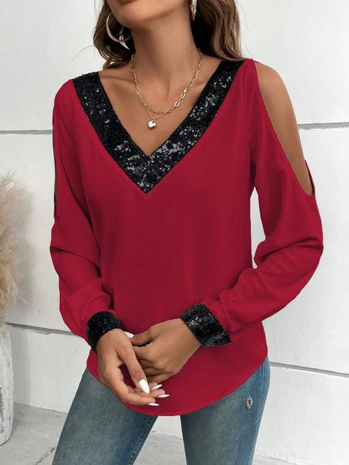 Spaghetti Strap Contrast Sequin Cold Shoulder Blouse Top For Women