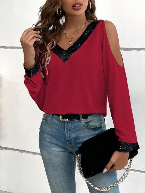 Spaghetti Strap Contrast Sequin Cold Shoulder Blouse Top For Women