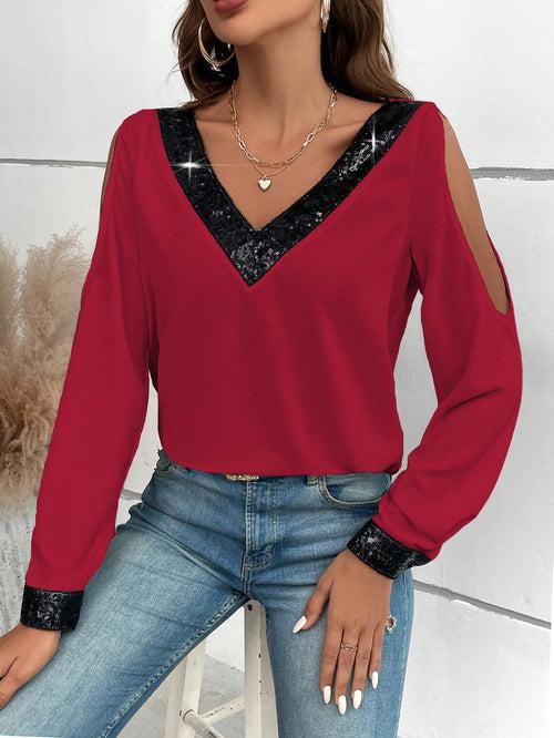 Spaghetti Strap Contrast Sequin Cold Shoulder Blouse Top For Women