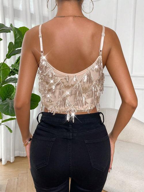 Spagetti Strap Sleeveless Sequin Decor Crop Cami Top