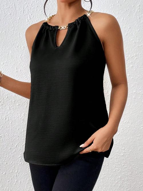 Sleeveless Chain Detail Keyhole Neckline Halter Neck Blouse Top For Women