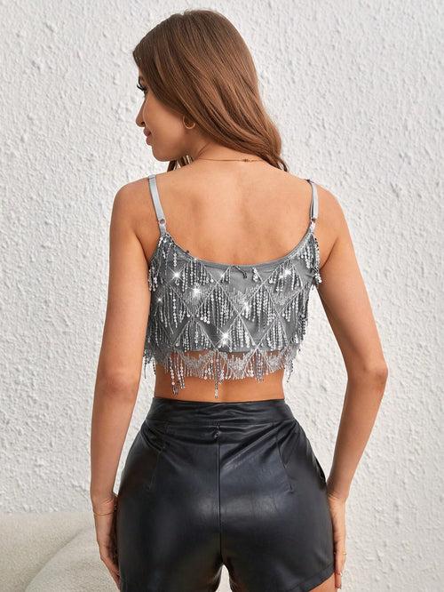 Spagetti Strap Sleeveless Sequin Decor Crop Cami Top