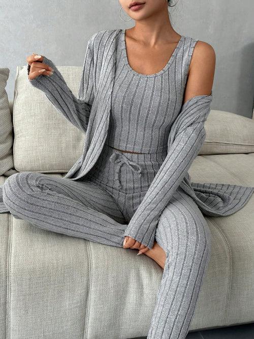 Scoop Neck Tank Top Knot Waist Leggings with Robe Lounge Pyjama Sleepwear Set For Women