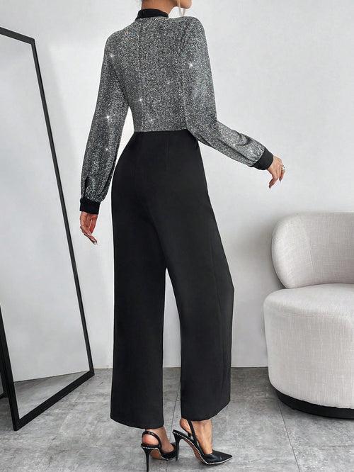 Black Contrast Sequin Keyhole Neckline Bishop Sleeve Wide Leg Jumpsuit For Women