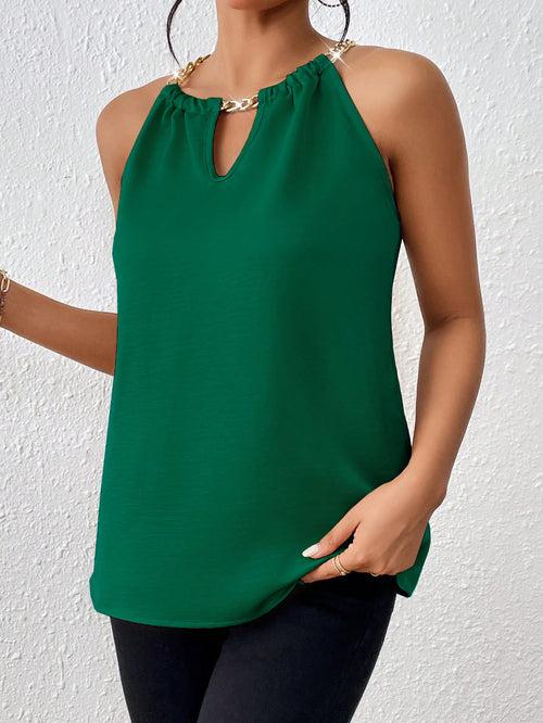 Sleeveless Chain Detail Keyhole Neckline Halter Neck Blouse Top For Women