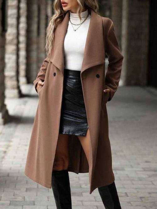 Brown Waterfall Collar Double Button Slant Pocket Belted Overcoat