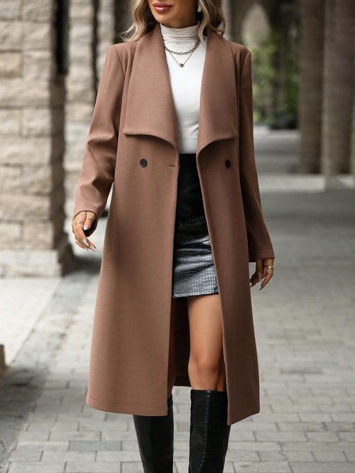 Brown Waterfall Collar Double Button Slant Pocket Belted Overcoat