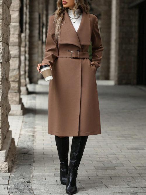 Brown Waterfall Collar Double Button Slant Pocket Belted Overcoat