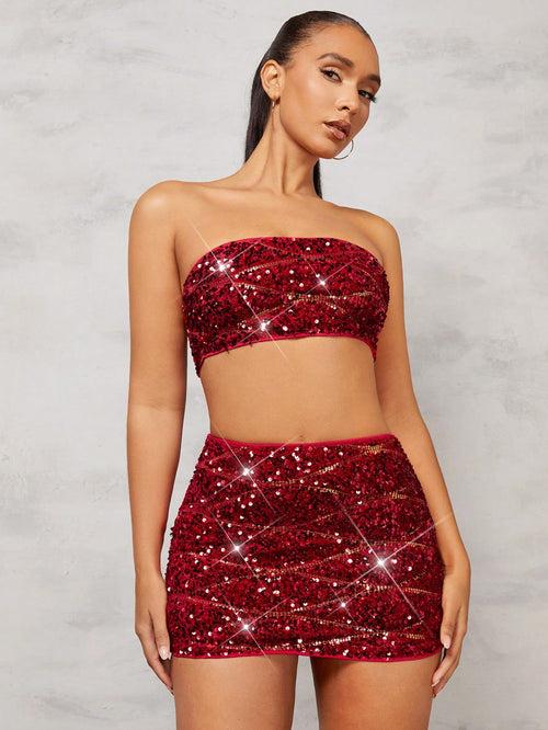 Red Strapless Contrast Sequence Two Piece Set