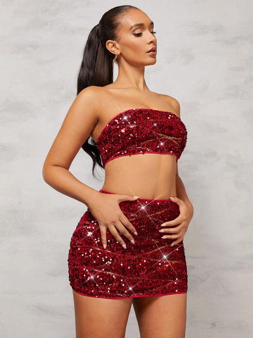 Red Strapless Contrast Sequence Two Piece Set